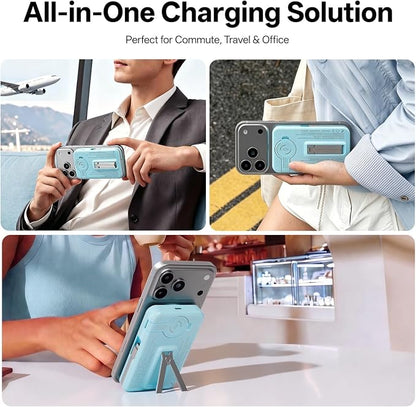 Q Magnetic Wireless Portable Charger 10,000mAh, Travel Essentials Power Bank with Built-in Cables & Foldable Stand, External Battery Pack Compatible with iPhone 17/16/15/14/13/12, Apple Watch