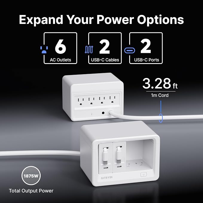Gitryin 10-in-1 Desktop Charging Station with 2 Retractable Wall Chargers, 40W USB-C Power Strip with 6 AC, 2 USB C, 2 Type-C 33.5in Cables, Extension Cord with 1020J Surge Protection for Home Office