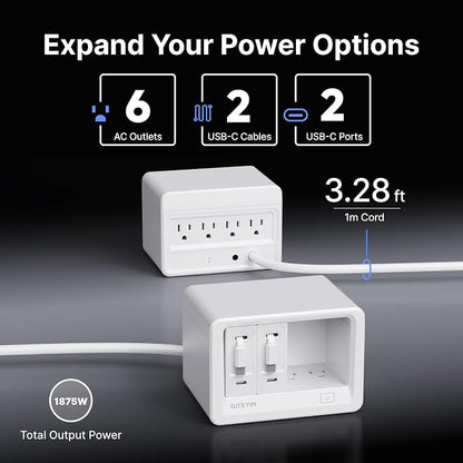 Gitryin 10-in-1 Desktop Charging Station with 2 Retractable Wall Chargers, 40W USB-C Power Strip with 6 AC, 2 USB C, 2 Type-C 33.5in Cables, Extension Cord with 1020J Surge Protection for Home Office