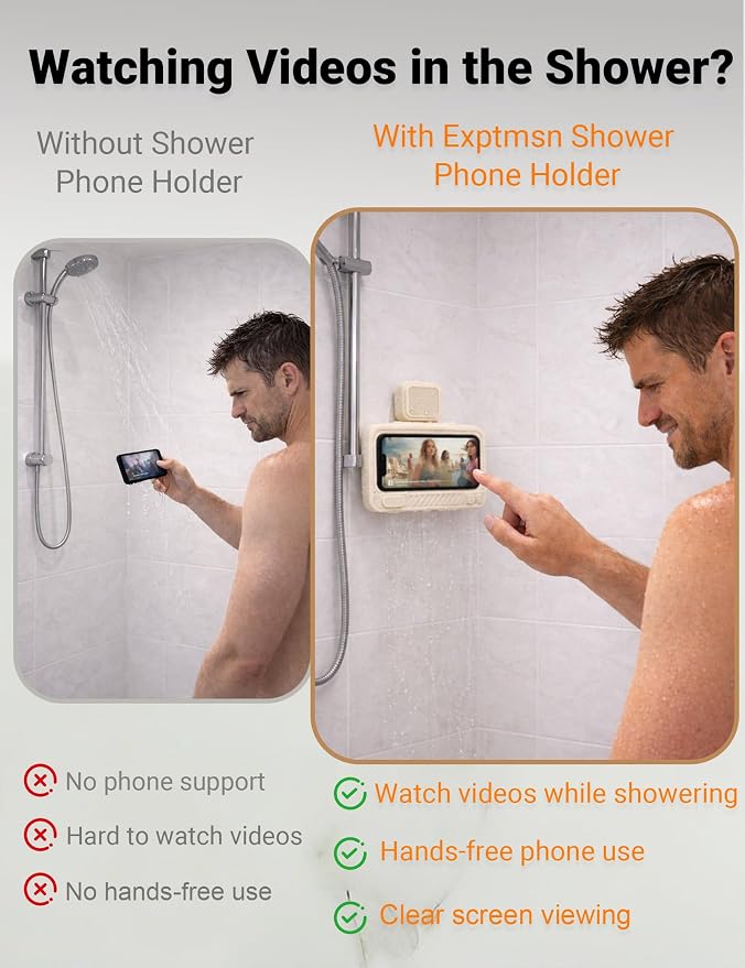 Shower Phone Holder Waterproof 360° Adjustable Rotating, Anti-Fog Touch Screen Wall Mount Phone Stand for Bathroom Mirror Bathtub Kitchen, Fits iPhone 17 16 15 Pro Max for 4-7" Cellphones Beige
