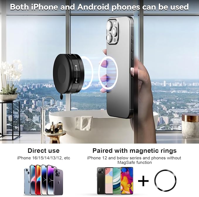 imluckies Magnetic Shower Mirror Phone Holder, Vacuum Suction Cup Phone Mount Compatible with Magsafe iPhone, Portable Mini Stand for TikTok/Selfies/Movies/Music/Gym/Bathroom/Kitchen, Black