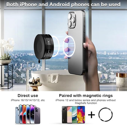 imluckies Magnetic Shower Mirror Phone Holder, Vacuum Suction Cup Phone Mount Compatible with Magsafe iPhone, Portable Mini Stand for TikTok/Selfies/Movies/Music/Gym/Bathroom/Kitchen, Black