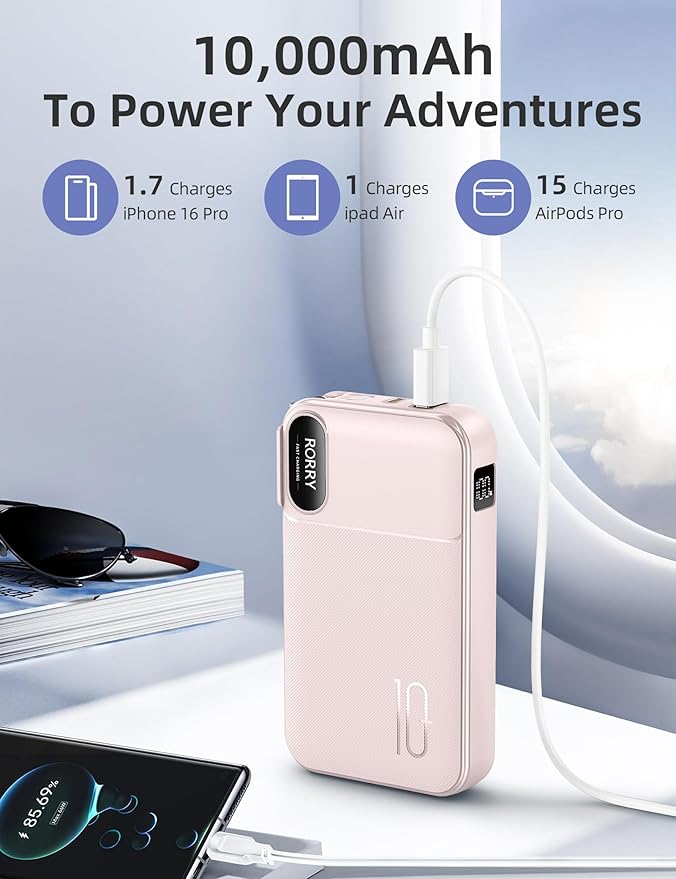 RORRY Portable Charger w/Wall Plug 10000mAh Power Bank 22.5W Battery Pack | Built in Cables, Fast Charging, for iPhone, iPad, Samsung Galaxy, Pixel, LG, Travel Essential, Digital Display, Pocket Size