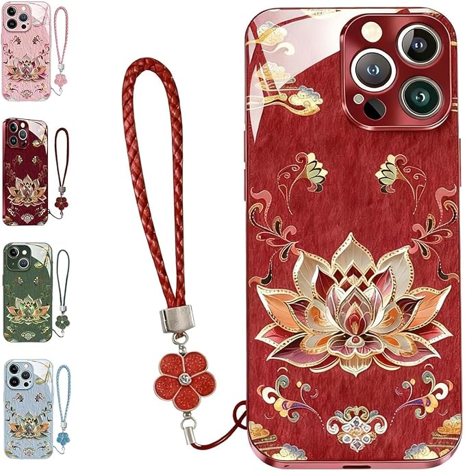 Dunhuangs Lotus Lanyard Hard Case for iPhone 17/16/15/14/13 Pro Max, Dunhuangs Lotus Hard Case, All-Inclusive Lens Design Phone Cases (Burgundy,12)