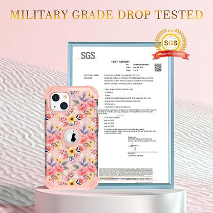 Hocase for iPhone 15 Case, Heavy Duty Shockproof Protection Soft Silicone Rubber Bumper+Hard Plastic Hybrid Protective Case for iPhone 15 (6.1" Display) 2023 - Cute Pink Yellow Flowers