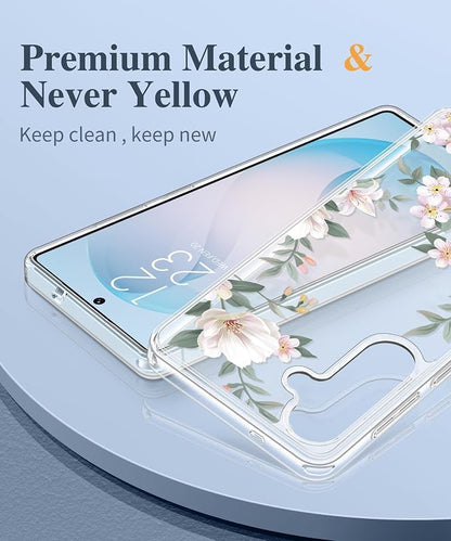GVIEWIN for Samsung Galaxy S26 Case, Clear Floral Slim Shockproof Protective Women Phone Case, Non-Yellowing, with Screen Protector & Camera Lens Protector for Galaxy S26 6.3", Magnolia/White