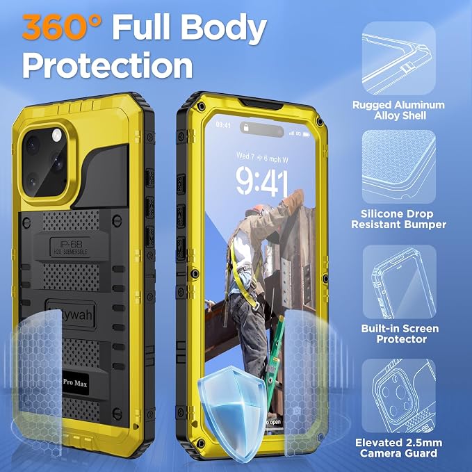 Mitywah Waterproof Case for iPhone 16 Pro Max, Heavy Duty Metal Cover with Built-in Screen Protector, Military Grade Full Body Shockproof Rugged Protective Phone Case 6.9 inch, Yellow