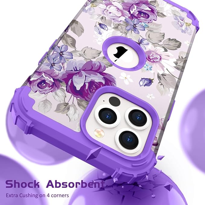 Hocase for iPhone 15 Pro Case, Heavy Duty Shockproof Protection Soft Silicone Rubber Bumper+Hard Plastic Hybrid Protective Case for iPhone 15 Pro 6.1" 2023 - Lavender Flowers