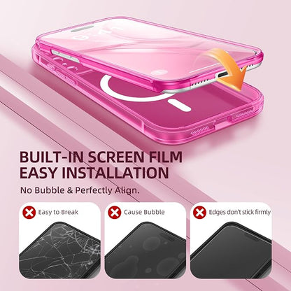 BERFY for iPhone 17 Pro Max Case, Compatible with MagSafe, Built-in Glass Screen Protector, Camera Protection, Shockproof Full Body Phone case 6.9", Clear Bright Pink