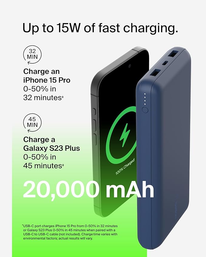 Belkin Portable Charger, USB C Power Bank 20000 mAh w/ 2 USB-A Ports, 15W w/ Type-A to Type-C Cable - iPhone 17, Air, Pro, Pro Max, AirPods, Samsung Galaxy S25, S24, Google Pixel 10, iPad, etc. - Blue