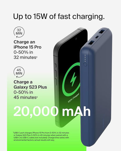 Belkin Portable Charger, USB C Power Bank 20000 mAh w/ 2 USB-A Ports, 15W w/ Type-A to Type-C Cable - iPhone 17, Air, Pro, Pro Max, AirPods, Samsung Galaxy S25, S24, Google Pixel 10, iPad, etc. - Blue