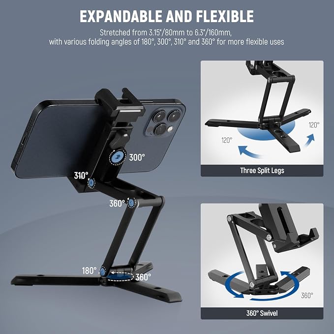 NEEWER Phone Tripod Mount with Cold Shoes, Metal Smartphone Tripod Adapter Compatible with iPhone, Multi Angle Tri Fold Cell Phone Holder, Handheld Phone Grip for Streaming Vlog SP-04