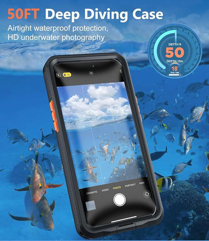 Underwater Phone Case for Snorkeling, [IP68 Waterproof] [Sensitive Inflated Touchscreen] [Precise Buttons], Only for 6.1" iPhone 16, 15/15 Pro, 14/14 Pro, 13/13 Pro, 12/12 Pro - Black