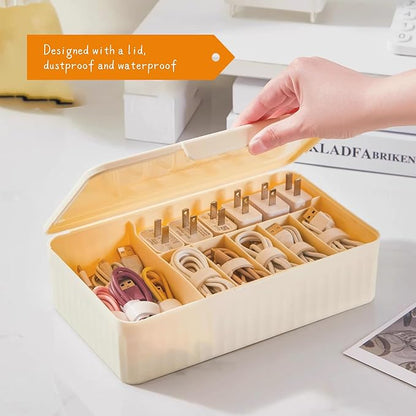 Cable Organizer Box Extra Wide, Travel Charger Cord Earphone Storage Case with Lid (Cream Yellow)