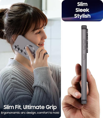 Magnetic for Samsung Galaxy S24 Plus Case [Compatible with MagSafe][Built-in Camera Lens Protector] Slim Soft Silicone Bumper Shockproof Metallic Luster Phone Case (Gray)