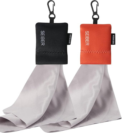SEIBER Microfiber Lens Cloth Screen Cleaner - Lens Cleaner with Neoprene Pouch | 7 x 7 inch Microfiber Cleaning Cloths for Glasses,Laptops, Cameras | Self-Closing Bottom(2PCS,BK OR), Black and Orange