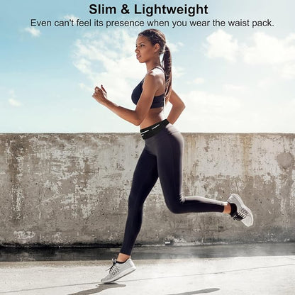 Slim Running Belt - 3 Pocket Running Fanny Pack, Adjustable Sweat Resistant Waist Bag for Men Women, Workout Exercise Fitness Phone Holder Fits All Phones - Runner Marathon Jogging Race Belt