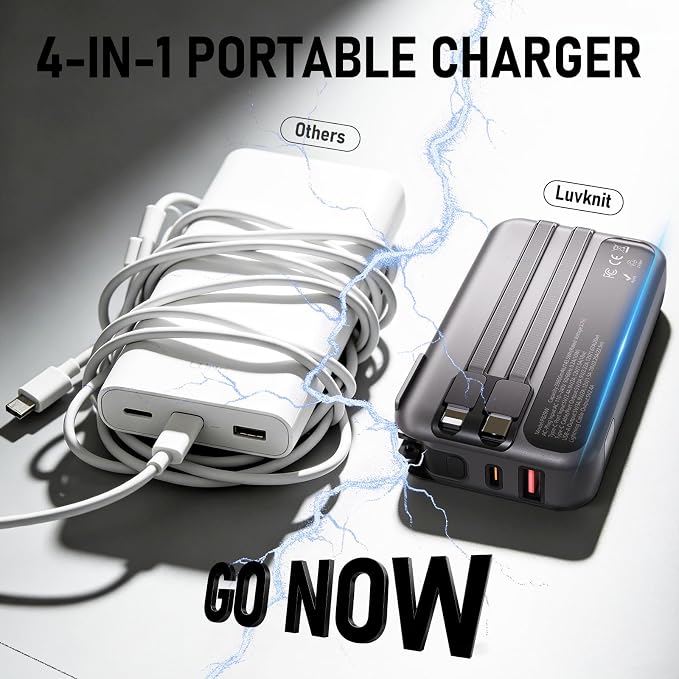 Portable Charger with Wall Plug, 20000mAh Power Bank 22.5W Fast Charging, Built-in Lightning & USB-C Cables, Plug in Portable Charger for Android Samsung iPhone, 4-in-1 Travel Charger