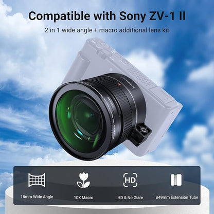 NEEWER Wide Angle Lens Compatible with Sony ZV-1 II (ZV-1 M2), 2 in 1 HD 18mm Wide Angle + 10X Additional Macro Lens with Extension Tube, Bayonet Mount Camera Accessories Photography, LS-86