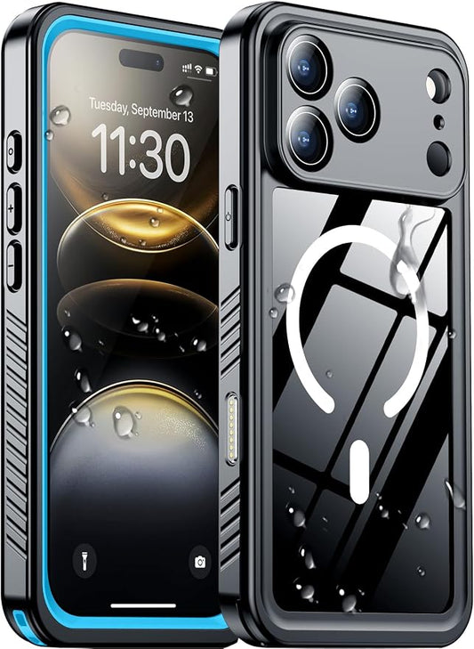 Temdan Magnetic Compatible with iPhone 17 Pro Max Case,Waterproof Built-in Screen & Camera Protector IP68 Underwater Full Body 17FT Military Dropproof Shockproof Phone Case 6.9"-Mag/Blue