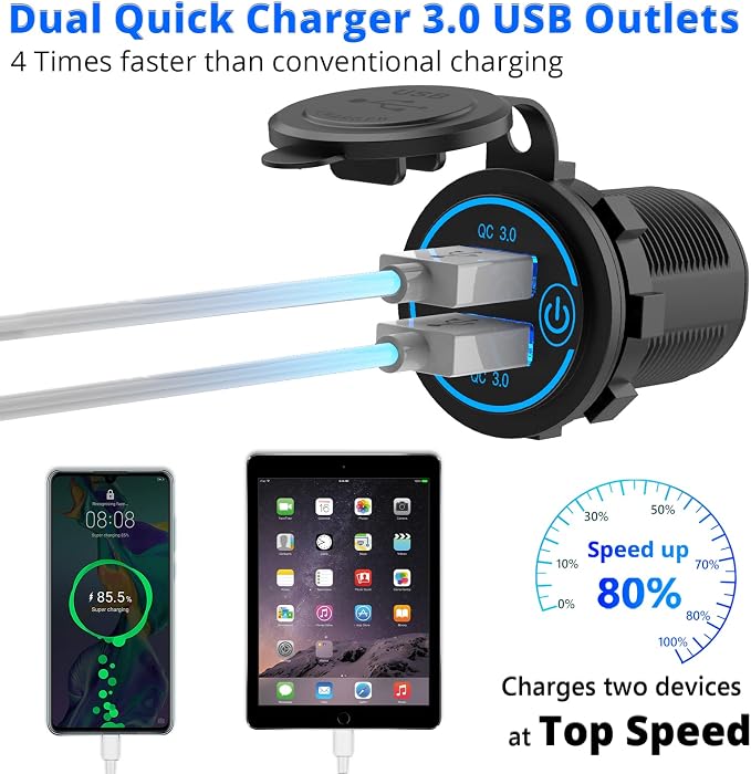 5 Pack Quick Charge 3.0 12V USB Outlet, Qidoe Waterproof QC3.0 Dual USB Power Outlet with Touch Switch Fast Car Charger Socket for 12V-24V Car Golf Cart Boat RV Motorcycle - More Affordable Pack