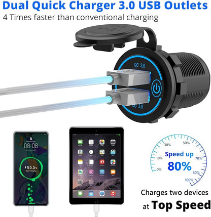 5 Pack Quick Charge 3.0 12V USB Outlet, Qidoe Waterproof QC3.0 Dual USB Power Outlet with Touch Switch Fast Car Charger Socket for 12V-24V Car Golf Cart Boat RV Motorcycle - More Affordable Pack