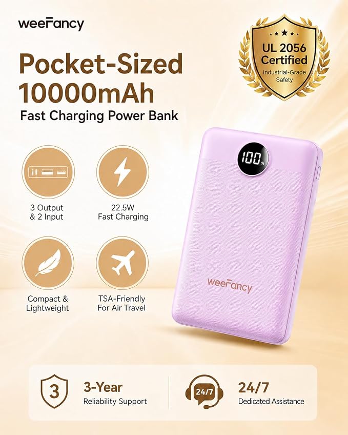 Small Portable Charger 10000mAh, Mini Power Bank with LED Display, 20W Fast Charging USB-C Battery Pack, Compact Travel Charger Compatible with iPhone 17/16/15/14, Android, etc