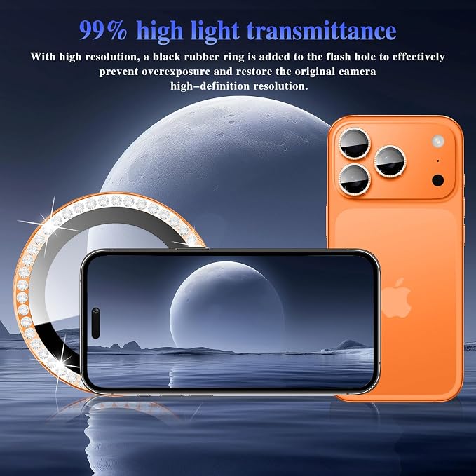 ShinKin Camera Lens Protector for iPhone 17 Pro/iPhone 17 Pro Max, Glitter Camera Cover, 9H Tempered Glass Individual Metal Ring Camera Protector for iPhone 17 Pro/17 Pro Max (Diamond - Orange)
