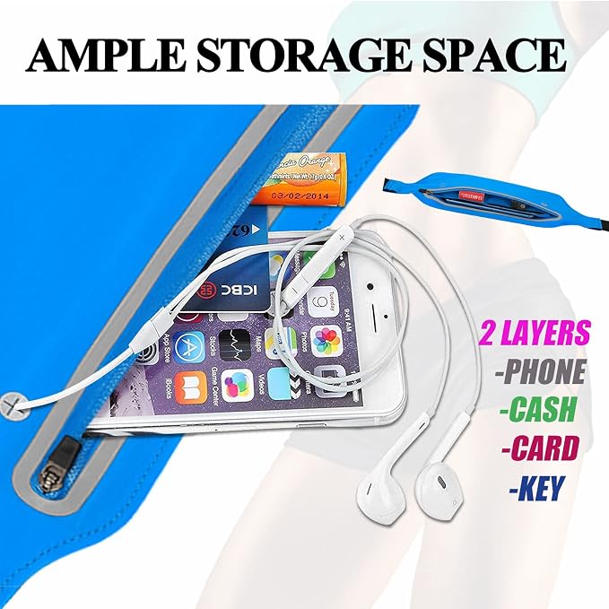 Fanny Packs for Women,Waterproof Fanny Pack for Men,Adjustable Running Belt Waist Pack Slim Expandable Pocket Belt,iPhone Running Holder Cell Phone Elastic Waist Pouch Bag for Galaxy Blue