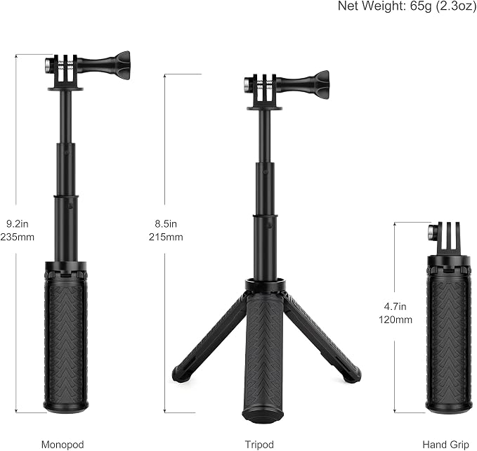 GEPULY Mini Hand Grip Selfie Stick Tripod Stand for GoPro Hero 13 12 11 10 9 8 7 6 5 4 3,Session, Fusion, Max,Insta360, DJI, Akaso, Phone-Use it as a Selfie Stick Monopod, Handle, Travel Tripod