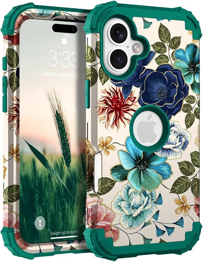 Hocase for iPhone 16 Plus Case 6.7", Heavy Duty Shockproof Protection Soft Silicone Rubber+Hard Plastic Bumpers Hybrid Protective Case for iPhone 16 Plus 2024 - Teal Flowers