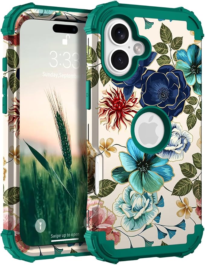 Hocase for iPhone 17 Case 6.3", Heavy Duty Shockproof Protection Soft Silicone Rubber+Hard Plastic Bumpers Hybrid Protective Case for iPhone 17 2025 - Teal Flowers