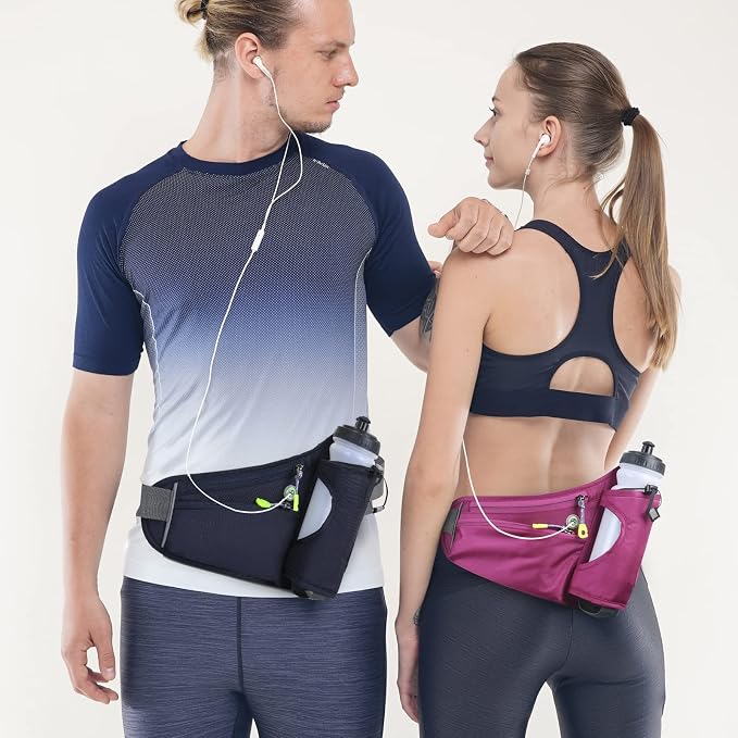HOTEMIA Fanny Pack with Water Bottle Holder, Hydration Running Belt for Men Women Adjustable Strap Waist Bag Suitable for Hiking Running Walking Jogging Camping (Bottle Not Included)(Dark Blue)