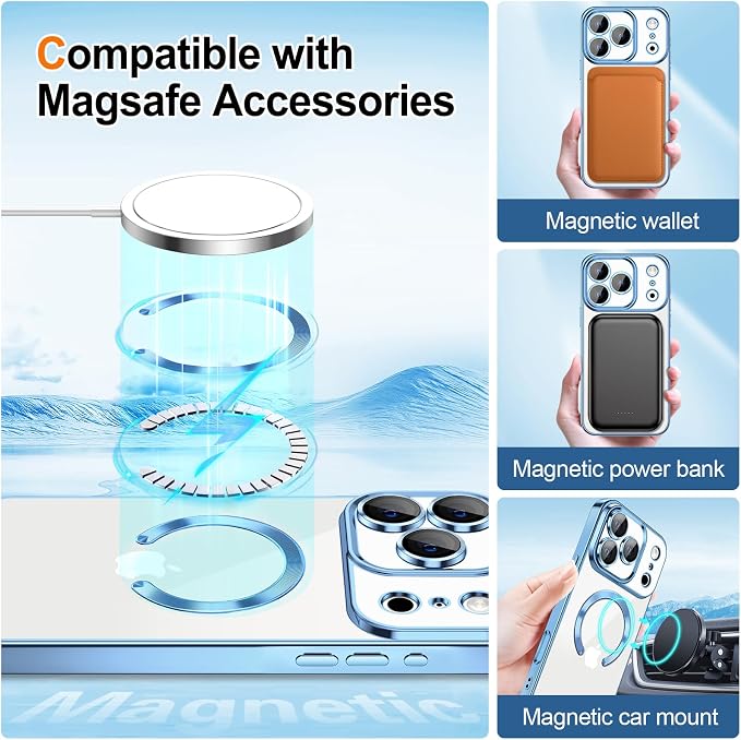 Hython for iPhone 17 Pro Case Glitter Clear Magnetic Phone Cases [Compatible with MagSafe] Full Camera Lens Protector Sparkle Luxury Plating Slim Shockproof Protective Cover, Gradient Light Blue