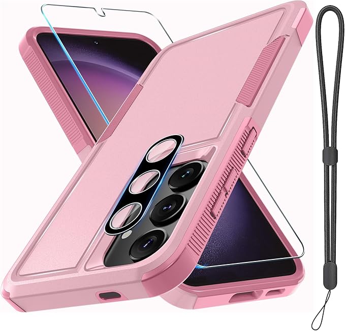 RMOCR Case for Samsung Galaxy S25 Plus, Full Body Heavy Duty Rugged Shockproof Protective Phone Cover with Lanyard Strap, Tempered Glass Screen Protector and Camera Lens Cover, Cute Pink