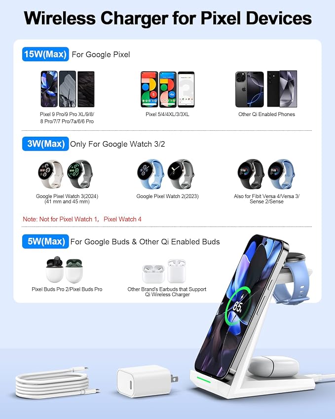 NANAMI Wireless Charger for Google - 3 in 1 Wireless Charging Station Fast Charger Stand Dock for Pixel 9/9 Pro XL/Fold/8/7,Buds Pro 2/Pro, Watch 3/2,Fitbit Versa 4/Sense 2(Not for Pixel Watch 1/4)