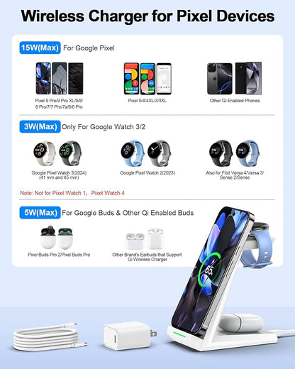 NANAMI Wireless Charger for Google - 3 in 1 Wireless Charging Station Fast Charger Stand Dock for Pixel 9/9 Pro XL/Fold/8/7,Buds Pro 2/Pro, Watch 3/2,Fitbit Versa 4/Sense 2(Not for Pixel Watch 1/4)