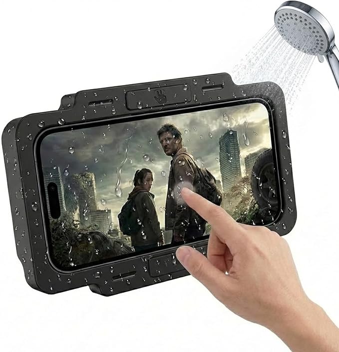 Shower Phone Holder Waterproof 360° Adjustable Rotating, Anti-Fog Touch Screen Wall Mount Phone Stand for Bathroom Mirror Bathtub Kitchen, Fits iPhone 17 16 15 Pro Max for 4-7" Cellphones Black