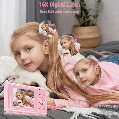 Digital Camera, 4K 44MP Autofocus Point and Shoot Camera with 16X Zoom 2.4" LCD Portable Compact Camera for Kids Teens Boys Girls Adults (Pink)