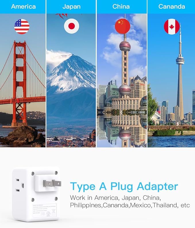 One Beat 2 Pack US to Japan Travel Plug Adapter, 2 Prong to 3 Prong Outlet Adapter with 3 Outlets 3 USB Ports(2 USB C), Type A Travel Essentials for USA to Japan, Canada, Mexico, Philippines, Peru