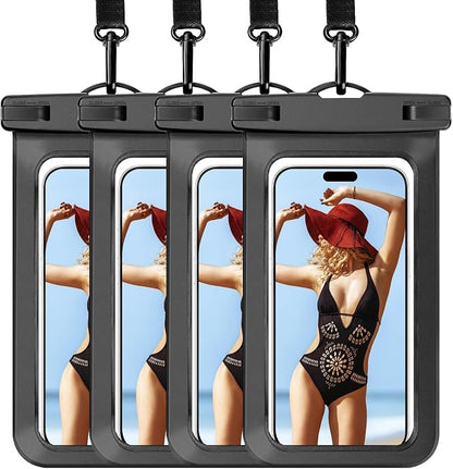4 Pack Universal Waterproof Phone Pouch, Waterproof Case Compatible for iPhone, IPX8 Cellphone Cruise Ship Essentials, Travel Essentials for Women, for Beach, Black-7"