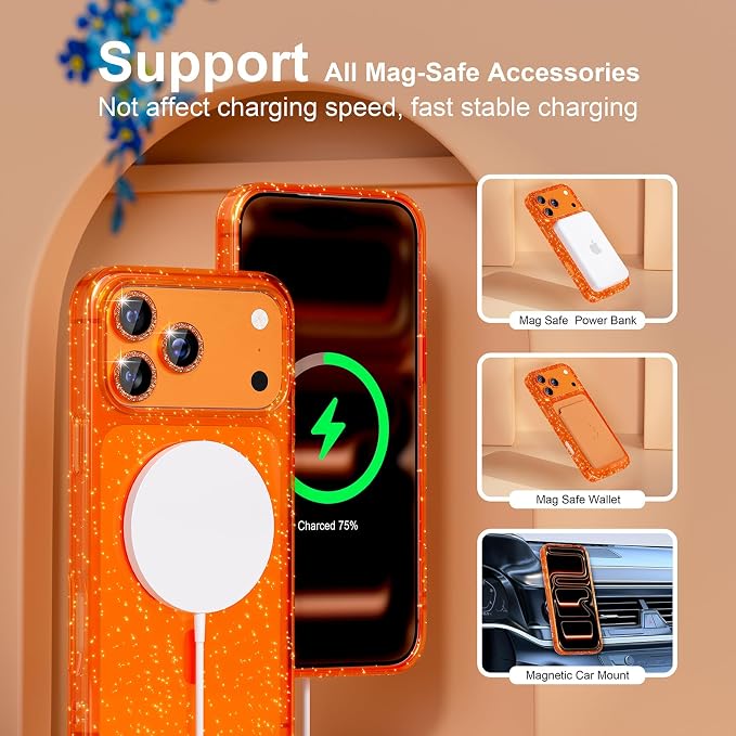 Choiche Magnetic for iPhone 17 Pro Max Case Compatible with MagSafe, Women Cute Glitter Sparkly Phone Case with Diamond Camera Lens Protectors, Military-Grade Drop Protection 6.9" (Orange)