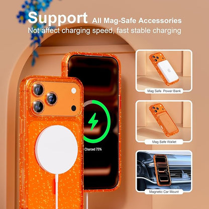 Choiche Magnetic for iPhone 17 Pro Case Compatible with MagSafe, Women Cute Glitter Sparkly Phone Case with Diamond Camera Lens Protectors, Military-Grade Drop Protection 6.3" (Orange)
