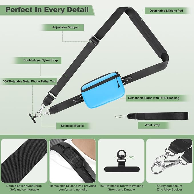 YFWE Clip and Go Strap for Phone with Wallet Crossbody, Adjustable Phone Lanyard with Detachable RFID Wristlet Wallet & Ultra-Thin 360° Rotatable Metal Tabs for All Smartphones (Blue)