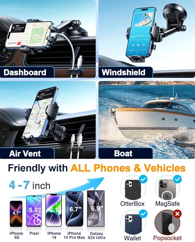 YRU True Military-Grade [360° Rotation Suction] 2026 Ultimate Car Phone Holder Mount 【90+LBS Safest Strongest & Patent Certs】 Dashboard Windshield Vent for iPhone 17 16 Pro Max Samsung, Royal Blue