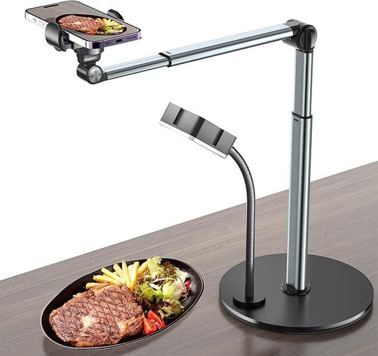 Overhead Phone Mount with Rechargeable Light for iPhone, Table Tripod for Content Creators, Portable Phone Camera Stand for Cooking, Video Recording, Filming, Nail Techs