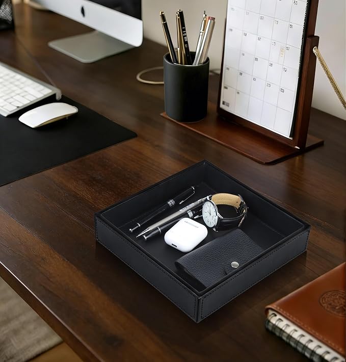 HofferRuffer Faux Leather Vanity Tray, Elegant Desktop Storage Organizer, Decorative Catchall for Perfume, Bathroom Valet, Nightstand or Dresser, 8 x 8 x 1.8 inches (Black)