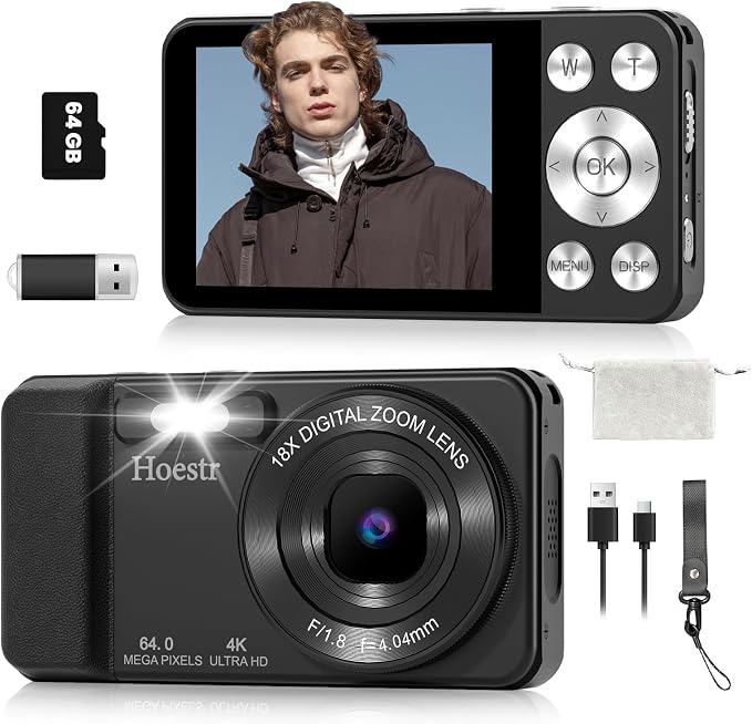 64MP 4K Digital Camera, Hoestr 18X Zoom Autofocus Point and Shoot Compact Camera with 64GB TF Card, Flash, 2.8" LCD Screen for Teens Adult Beginner Travel Photography Vlogging（Black）