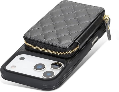 Crossbody Wallet Case for iPhone 17 Pro, PU Leather Zipper Handbag Purse Flip Cover, Kickstand Folio Case with Card Slots Holder Wrist Strap Lanyard 5G 6.3 Inch-Black