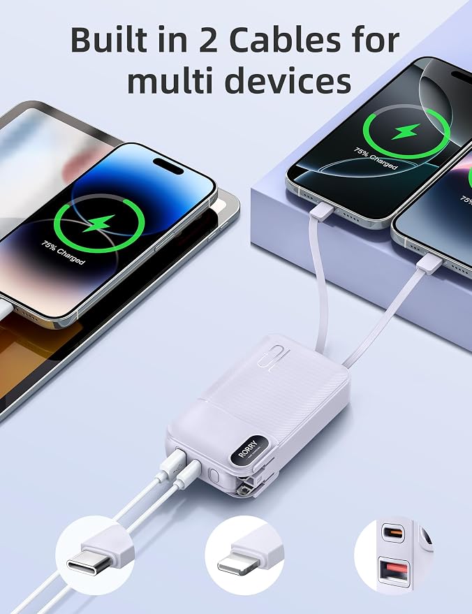 RORRY Portable Charger w/Wall Plug 10000mAh Power Bank 22.5W Battery Pack | Built in Cables, Fast Charging, for iPhone, iPad, Samsung Galaxy, Pixel, LG, Travel Essential, Digital Display, Pocket Size